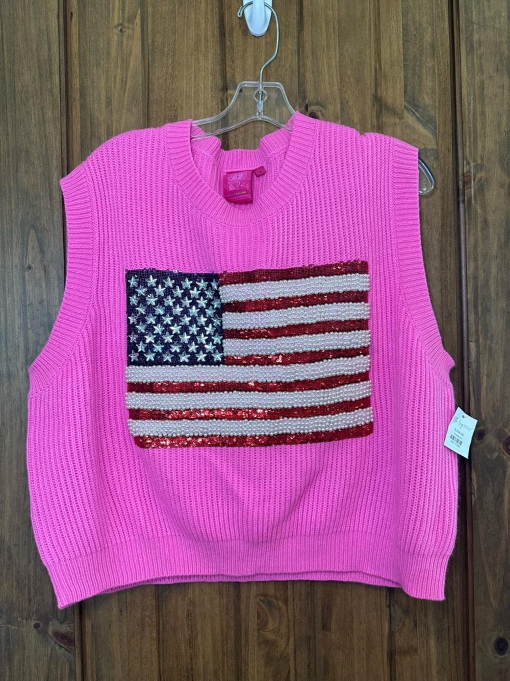 QUEEN OF SPARKLES Hot Pink Sleeveless Knit Sweater with Sequin Flag
